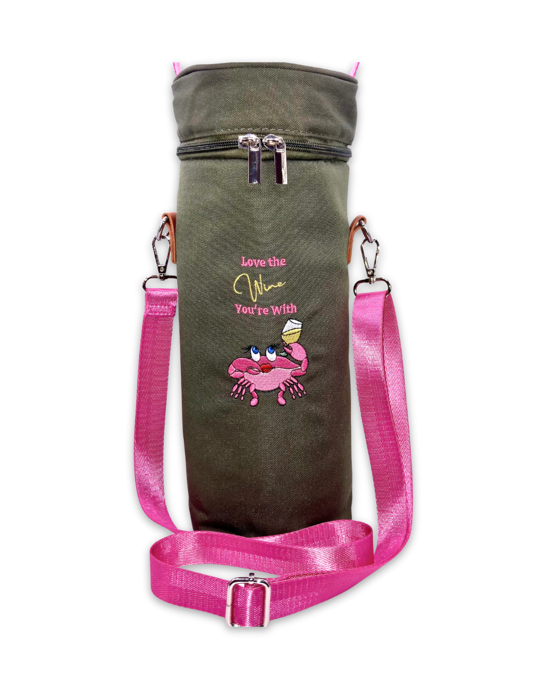 Embroidered Insulated Single Wine Carrier/ Khaki Grn Pink